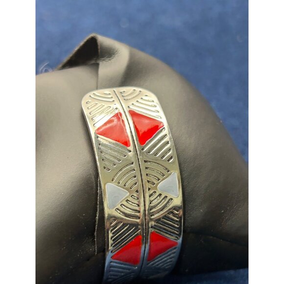 Silver tone & Red Enamel Geometric Design Cuff Bracelet Paparazzi Hidden Glyphs - Picture 4 of 8
